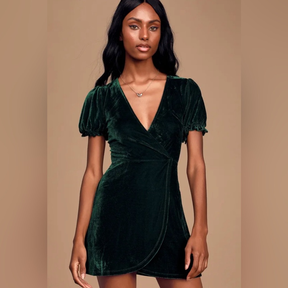 Lulus Velvet Dark Green Skater Puff Sleeve Dress